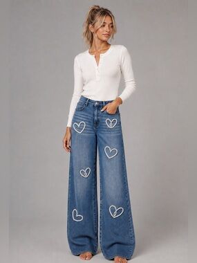 Wide-Leg Heart Appliqué Jeans in Medium Blue